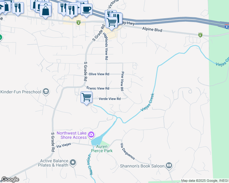 map of restaurants, bars, coffee shops, grocery stores, and more near 2940 Verde View Road in Alpine