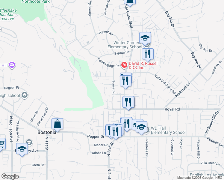 map of restaurants, bars, coffee shops, grocery stores, and more near 8218 Sunset Road in Lakeside