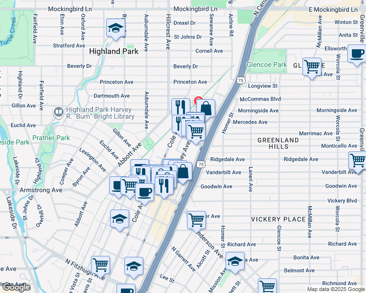 map of restaurants, bars, coffee shops, grocery stores, and more near 4805 McKinney Avenue in Dallas