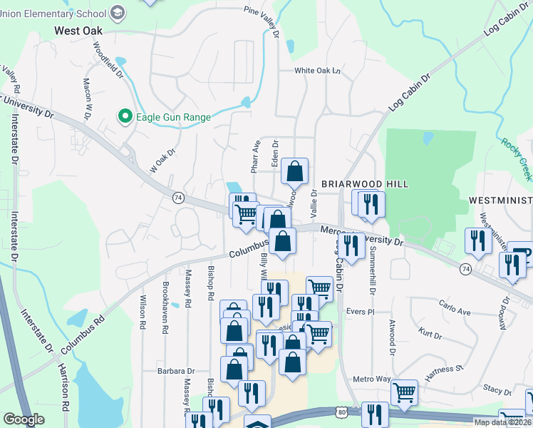 map of restaurants, bars, coffee shops, grocery stores, and more near 4429 Mercer University Drive in Macon