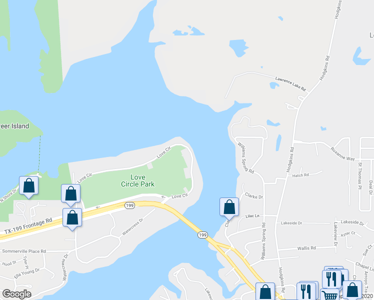 map of restaurants, bars, coffee shops, grocery stores, and more near 7389 Love Circle in Fort Worth