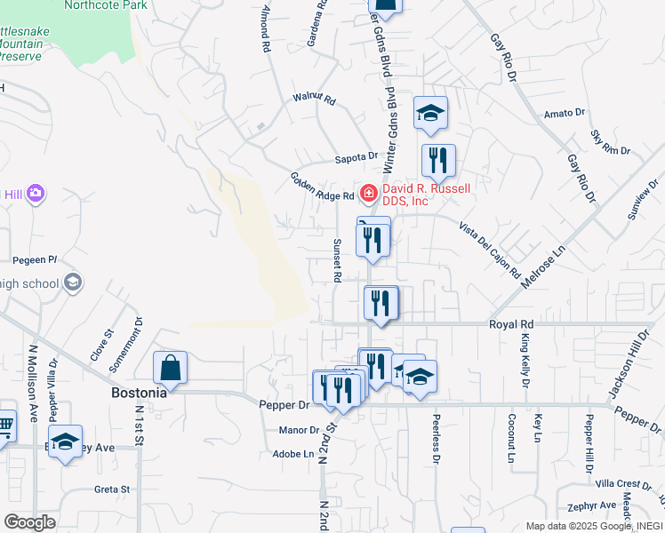 map of restaurants, bars, coffee shops, grocery stores, and more near 8218 Sunset Road in Lakeside