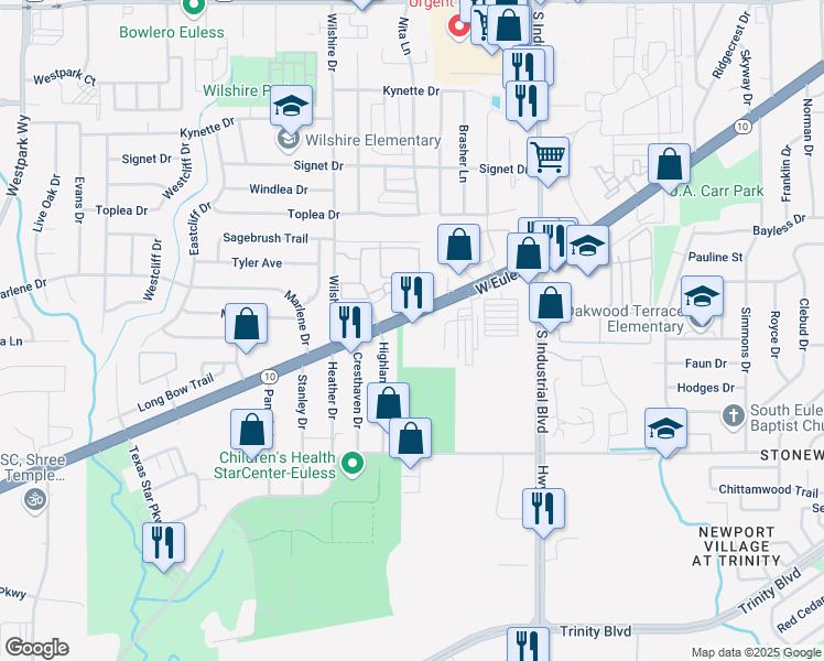 map of restaurants, bars, coffee shops, grocery stores, and more near 1363 West Euless Boulevard in Euless
