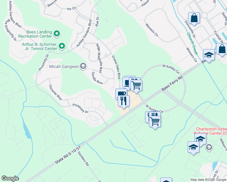 map of restaurants, bars, coffee shops, grocery stores, and more near 502 Carters Grove Road in Charleston