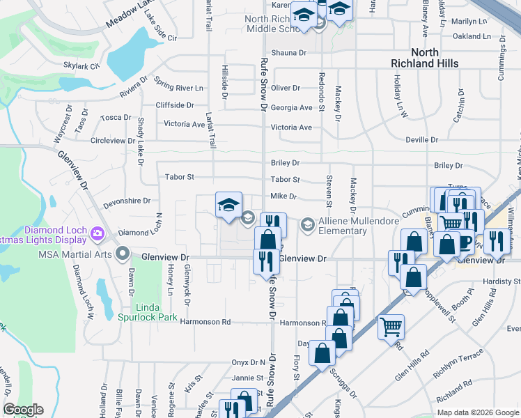map of restaurants, bars, coffee shops, grocery stores, and more near 4205 Rufe Snow Drive in North Richland Hills