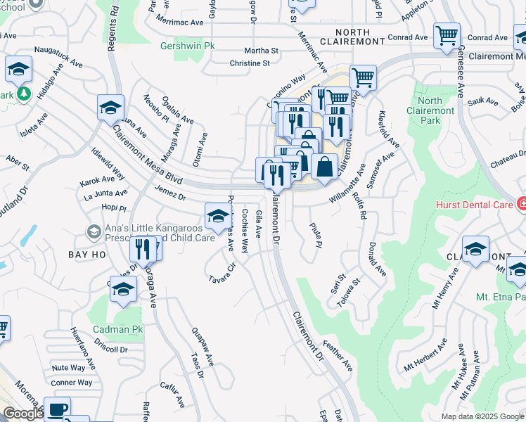 map of restaurants, bars, coffee shops, grocery stores, and more near 4575 Gila Avenue in San Diego