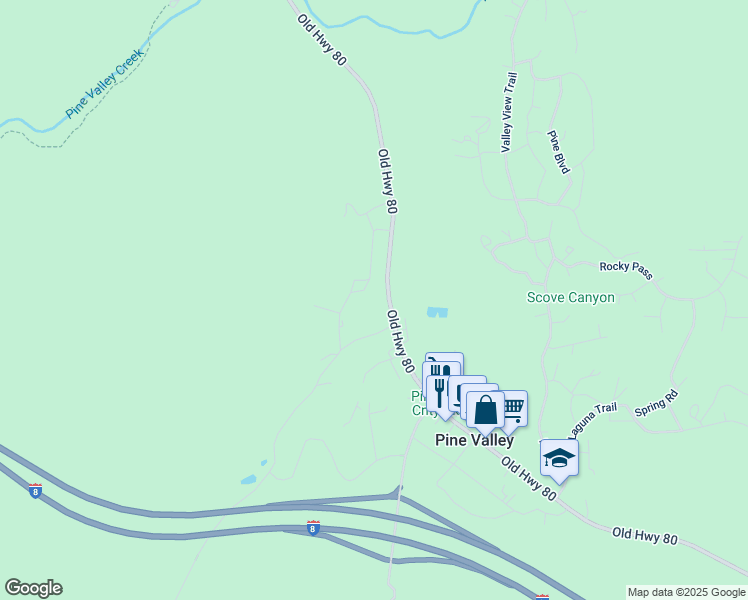 map of restaurants, bars, coffee shops, grocery stores, and more near 28675 Old Highway 80 in Pine Valley