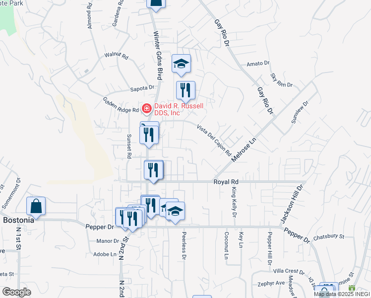 map of restaurants, bars, coffee shops, grocery stores, and more near 8141 Royal Park Lane in El Cajon