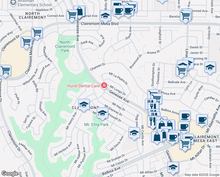 map of restaurants, bars, coffee shops, grocery stores, and more near 4714 Mount Harris Drive in San Diego