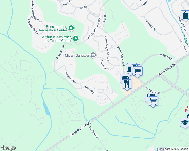 map of restaurants, bars, coffee shops, grocery stores, and more near 145 Gazania Way in Charleston