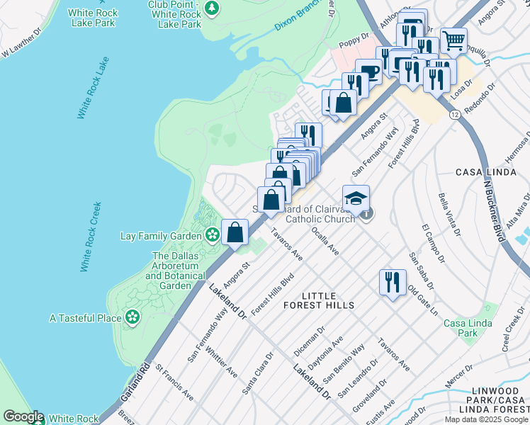 map of restaurants, bars, coffee shops, grocery stores, and more near 8922A Garland Road in Dallas