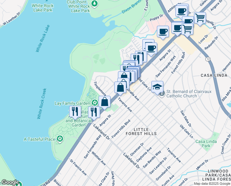 map of restaurants, bars, coffee shops, grocery stores, and more near 8922A Garland Road in Dallas