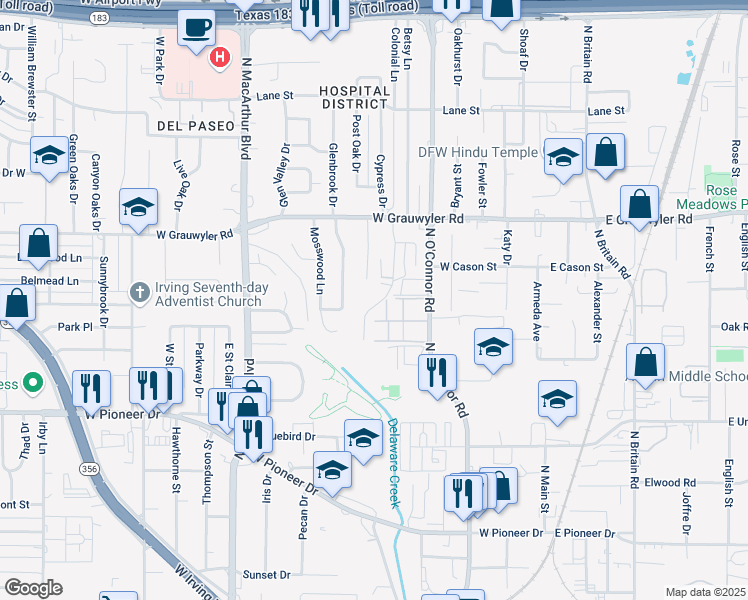 map of restaurants, bars, coffee shops, grocery stores, and more near 1221 Limetree Lane in Irving