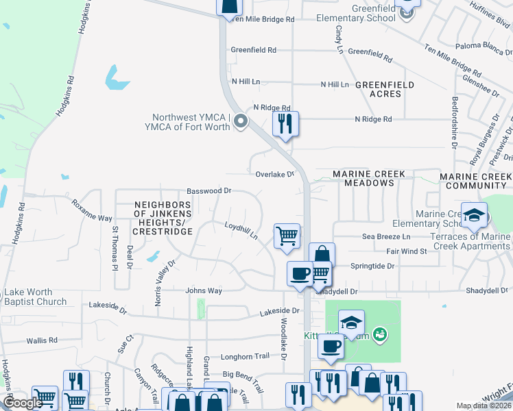 map of restaurants, bars, coffee shops, grocery stores, and more near 4906 Camille Court in Fort Worth