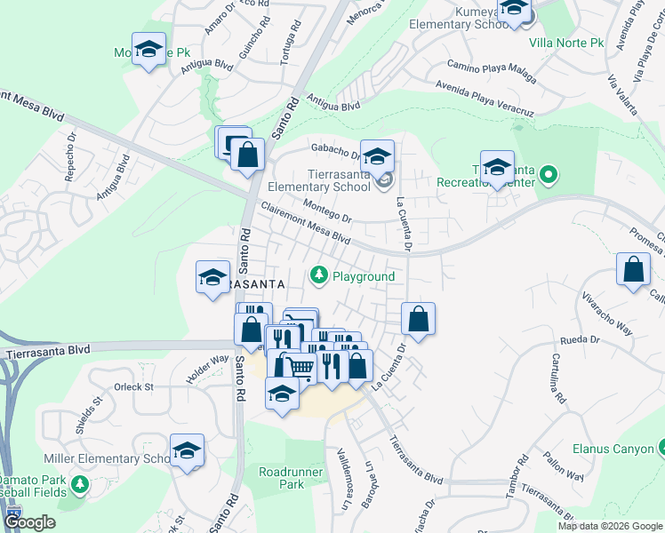 map of restaurants, bars, coffee shops, grocery stores, and more near 10707 Esmeraldas Drive in San Diego