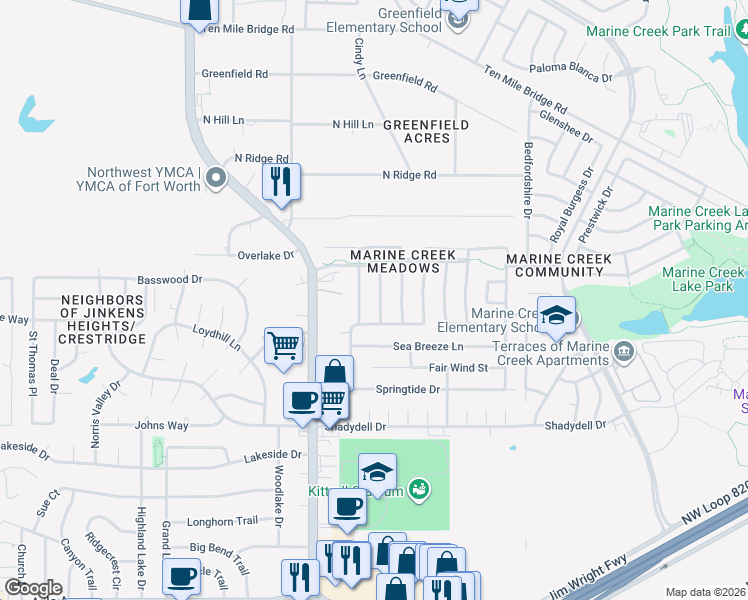 map of restaurants, bars, coffee shops, grocery stores, and more near 4921 Woodmeadow Drive in Fort Worth