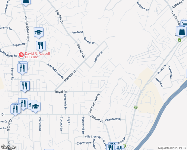 map of restaurants, bars, coffee shops, grocery stores, and more near 12524 Jackson Heights Drive in El Cajon