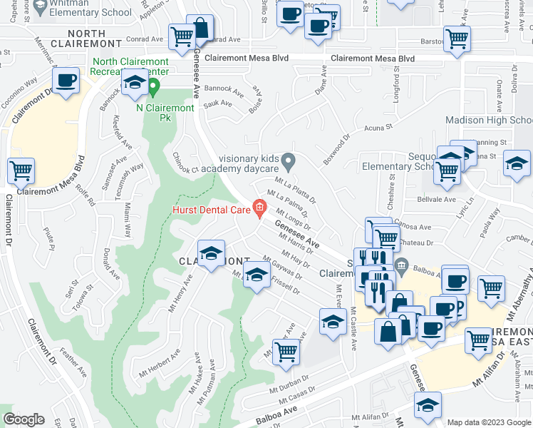 map of restaurants, bars, coffee shops, grocery stores, and more near Genesee Ave & Mt Herbert Ave in San Diego