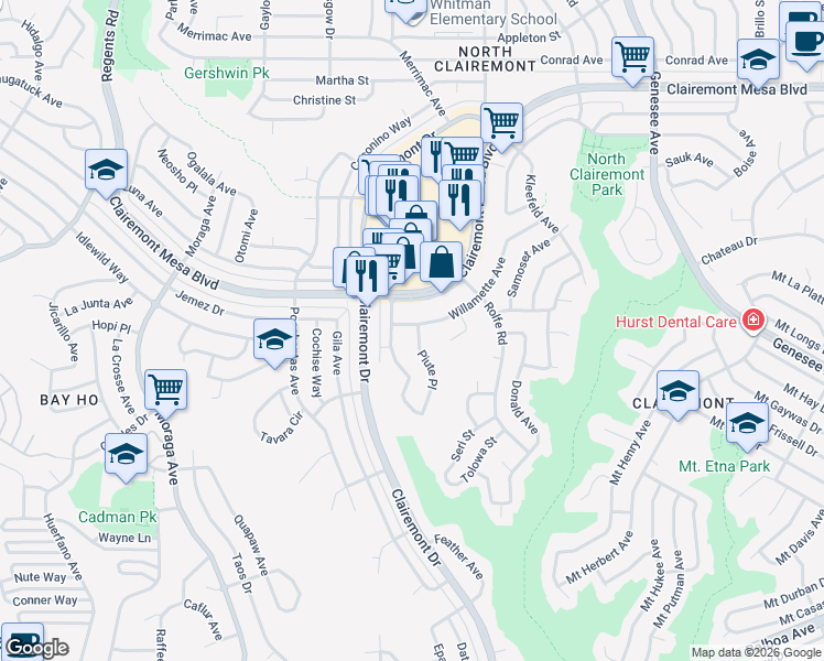 map of restaurants, bars, coffee shops, grocery stores, and more near 3933 Willamette Avenue in San Diego
