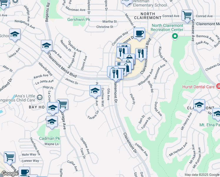 map of restaurants, bars, coffee shops, grocery stores, and more near 4575 Gila Avenue in San Diego