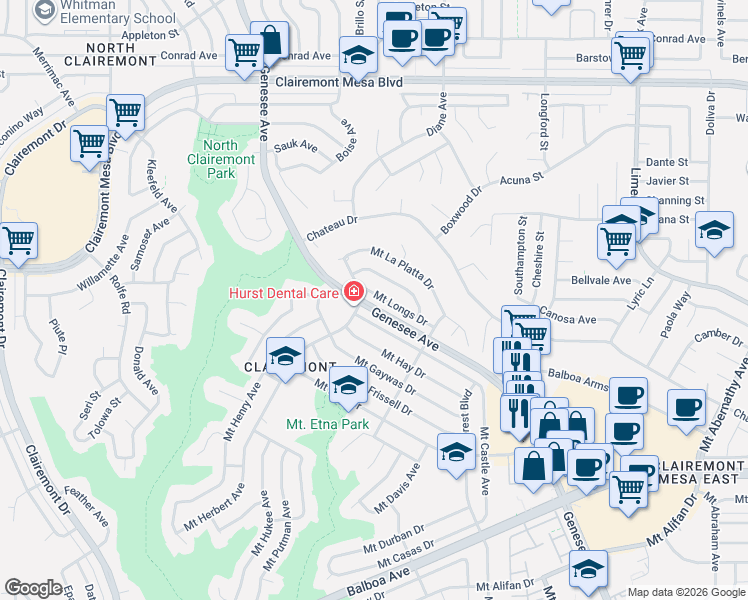 map of restaurants, bars, coffee shops, grocery stores, and more near 4714 Mount Harris Drive in San Diego