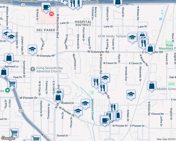 map of restaurants, bars, coffee shops, grocery stores, and more near 1221 Limetree Lane in Irving