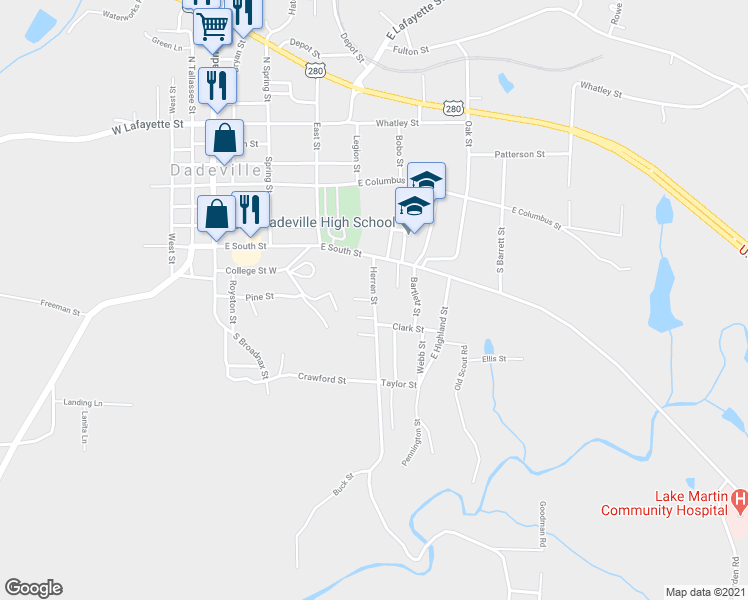 map of restaurants, bars, coffee shops, grocery stores, and more near 344 Herren Street in Dadeville