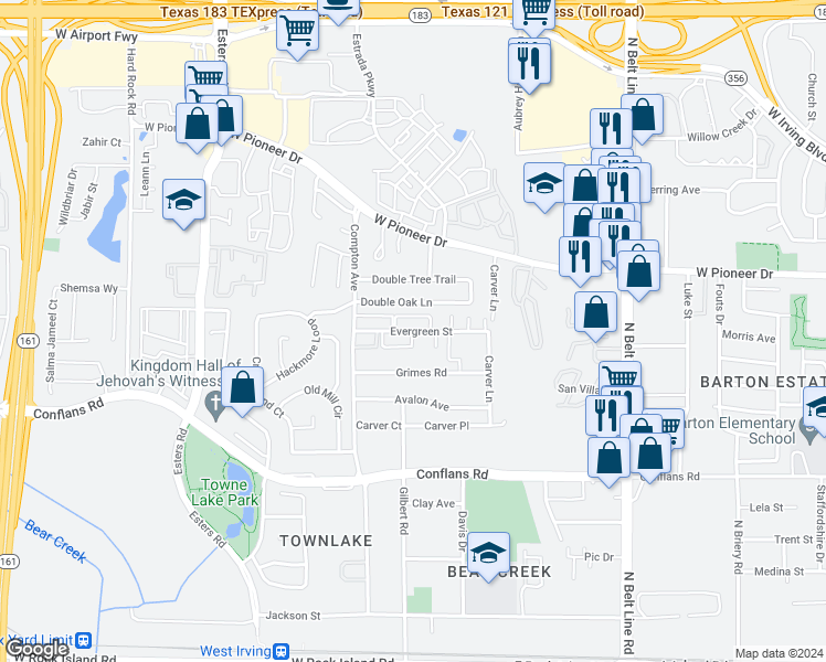 map of restaurants, bars, coffee shops, grocery stores, and more near Evergreen Street in Irving