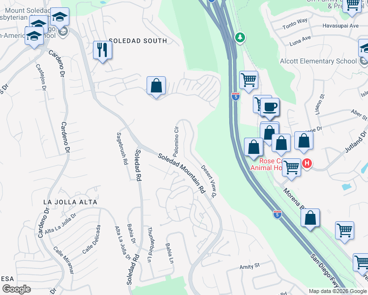 map of restaurants, bars, coffee shops, grocery stores, and more near 5812 Desert View Drive in San Diego