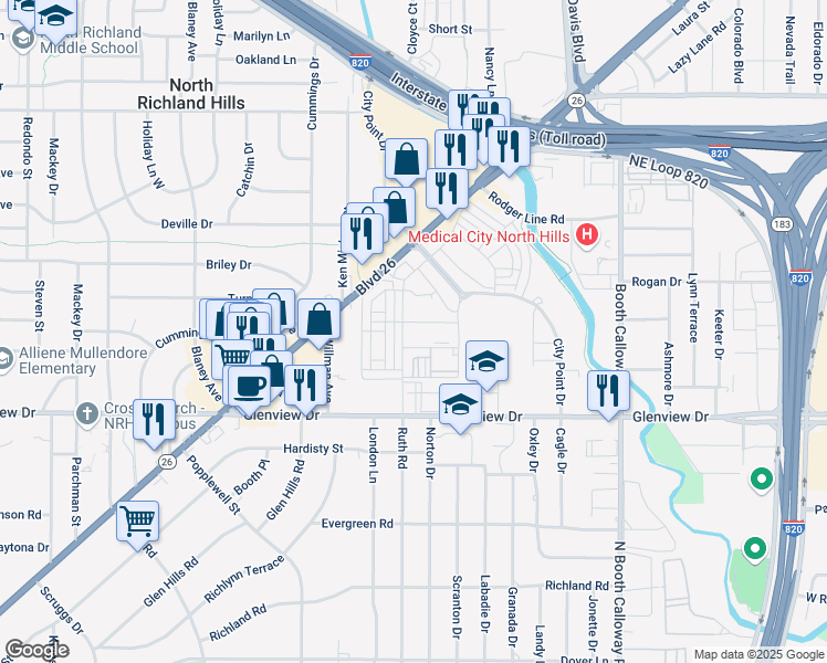 map of restaurants, bars, coffee shops, grocery stores, and more near 4401 City Point Drive in Fort Worth