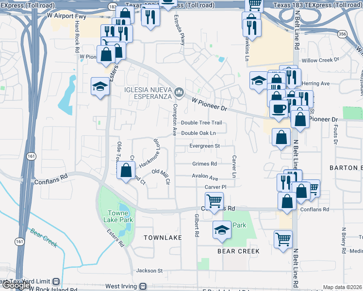map of restaurants, bars, coffee shops, grocery stores, and more near 4031 Evergreen Street in Irving