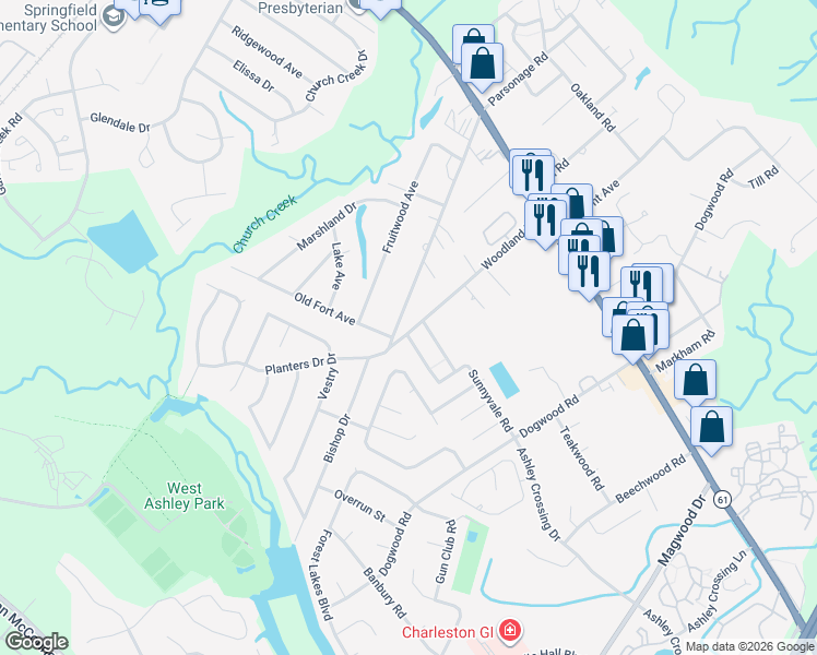 map of restaurants, bars, coffee shops, grocery stores, and more near 2021 Maybelles Lane in Charleston