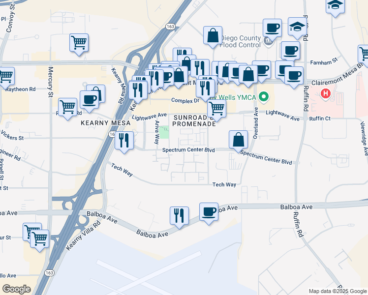 map of restaurants, bars, coffee shops, grocery stores, and more near 8829 Spectrum Center Boulevard in San Diego