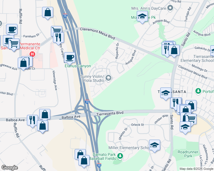 map of restaurants, bars, coffee shops, grocery stores, and more near 5225 Guinda Court in San Diego