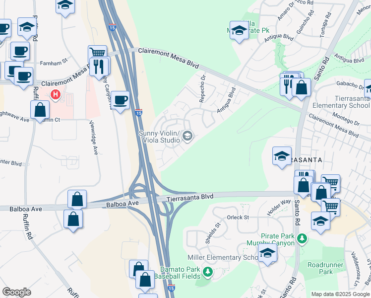 map of restaurants, bars, coffee shops, grocery stores, and more near 5225 Guinda Court in San Diego