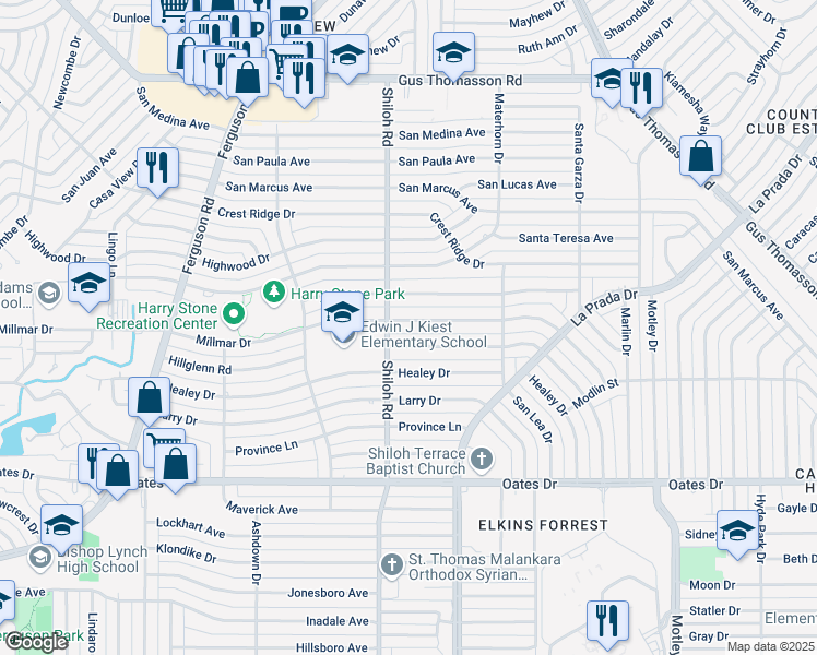 map of restaurants, bars, coffee shops, grocery stores, and more near 2715 Hillglenn Road in Dallas