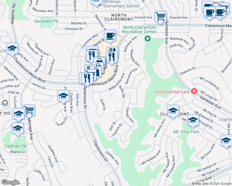 map of restaurants, bars, coffee shops, grocery stores, and more near 4555 Quantico Avenue in San Diego