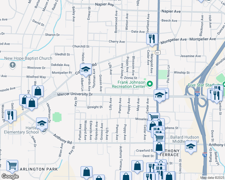 map of restaurants, bars, coffee shops, grocery stores, and more near 2620 Georgia 74 in Macon