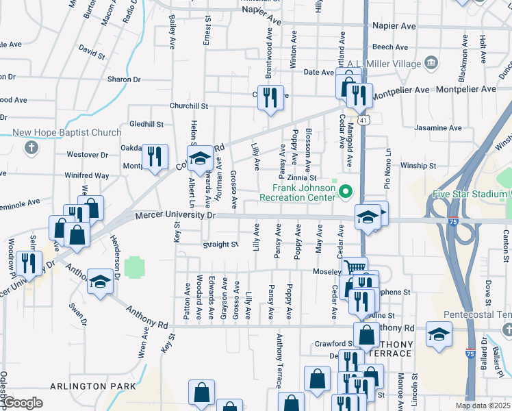 map of restaurants, bars, coffee shops, grocery stores, and more near 2732 Mercer University Drive in Macon