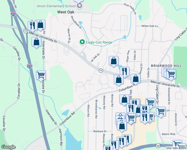 map of restaurants, bars, coffee shops, grocery stores, and more near Man-O-War Lane in Macon