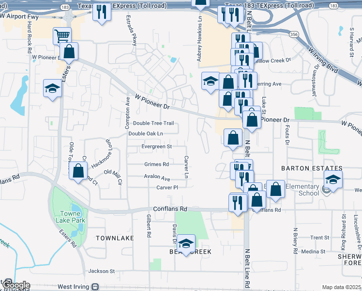 map of restaurants, bars, coffee shops, grocery stores, and more near 1122 Carver Lane in Irving