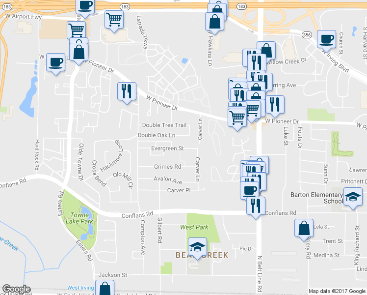 map of restaurants, bars, coffee shops, grocery stores, and more near 3872 Evergreen Street in Irving