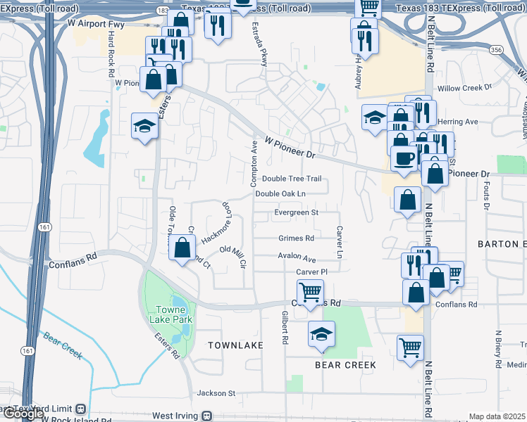 map of restaurants, bars, coffee shops, grocery stores, and more near 4014 Evergreen Street in Irving