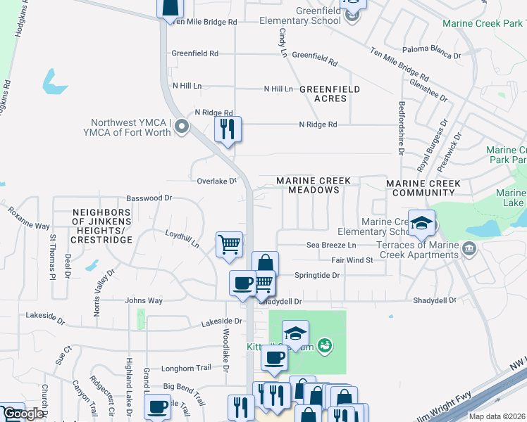 map of restaurants, bars, coffee shops, grocery stores, and more near 4900 Boat Club Road in Fort Worth