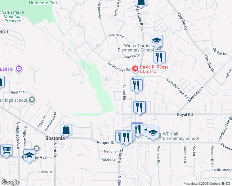 map of restaurants, bars, coffee shops, grocery stores, and more near 11837 Taia Lane in Lakeside