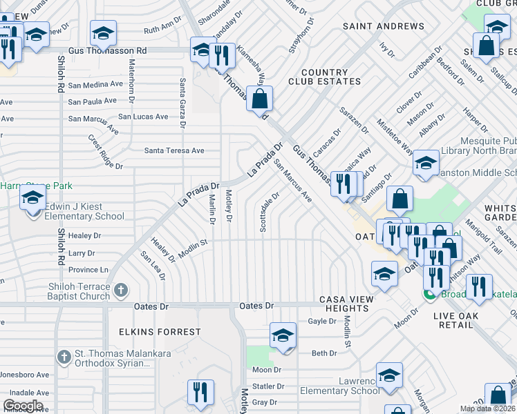 map of restaurants, bars, coffee shops, grocery stores, and more near 4420 Scottsdale Drive in Mesquite