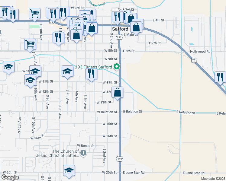 map of restaurants, bars, coffee shops, grocery stores, and more near 1212-1214 S 2nd Ave in Safford