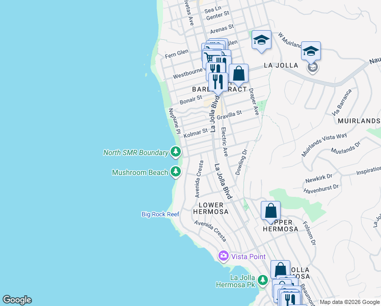 map of restaurants, bars, coffee shops, grocery stores, and more near in San Diego