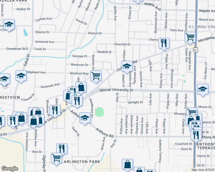 map of restaurants, bars, coffee shops, grocery stores, and more near 3060 Mercer University Drive in Macon