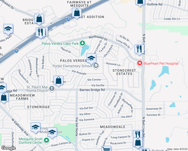map of restaurants, bars, coffee shops, grocery stores, and more near 610 Via Corona in Mesquite